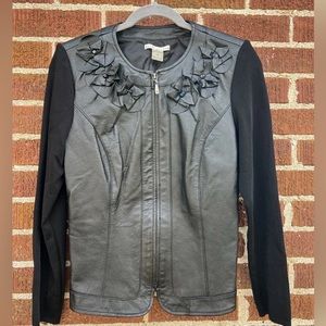 Peter Nygard Women Leather Knit Jacket Size M Petites Mixed Media Sweater